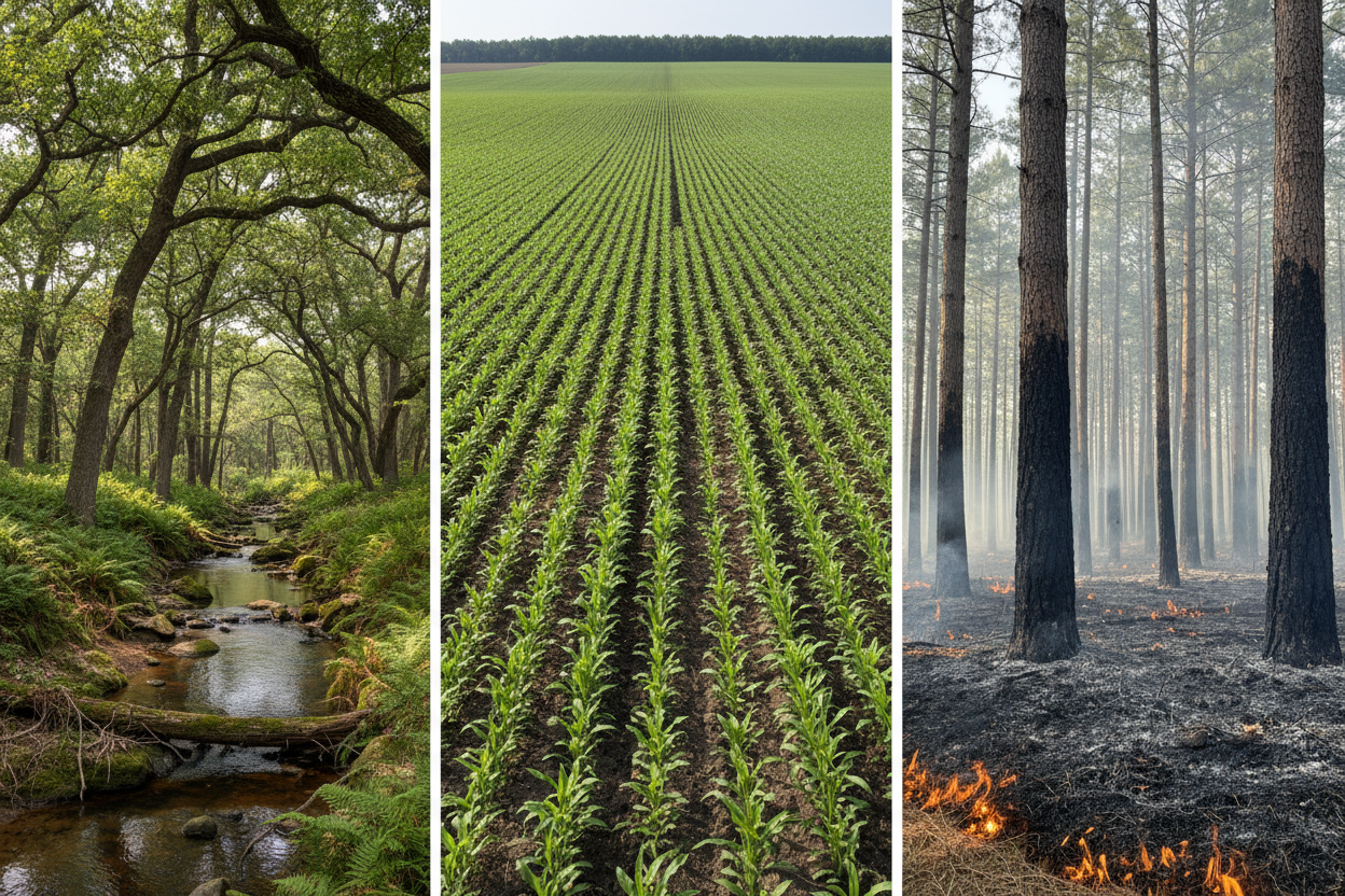 background photo that is divided into thirds. One third is a southern hardwood creek bottom. One third is a lush, green food plot. and the final third is a southern pine plantation still smoldering from a prescribed fire